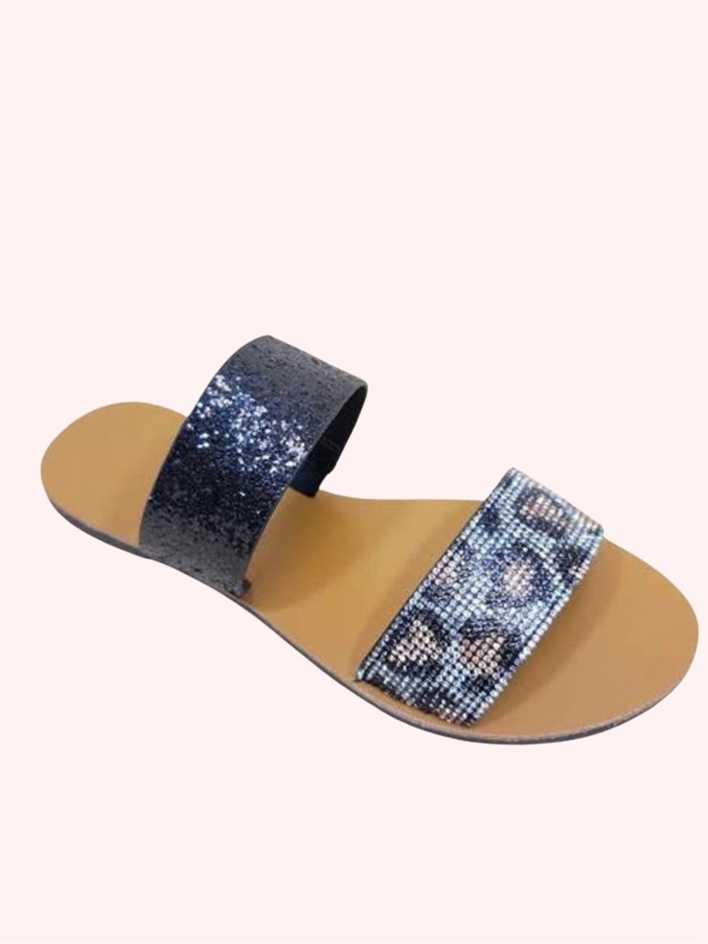 Women’s Black & Leopard Print Shimmer Double-Strap Slide Sandals - Size 11 - Picture 3 of 8